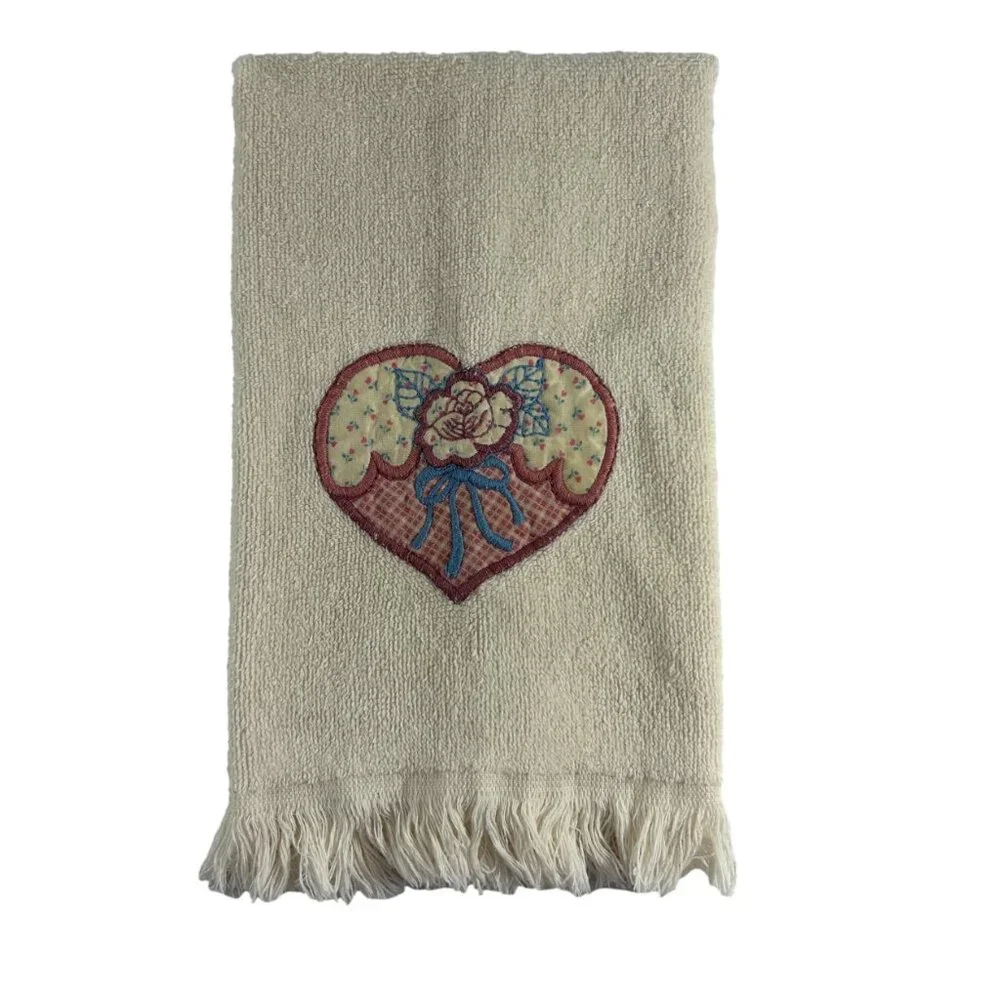 Vintage Hand Towel Heart Applique Cottagecore Pink Blue Flower Bow Fringe